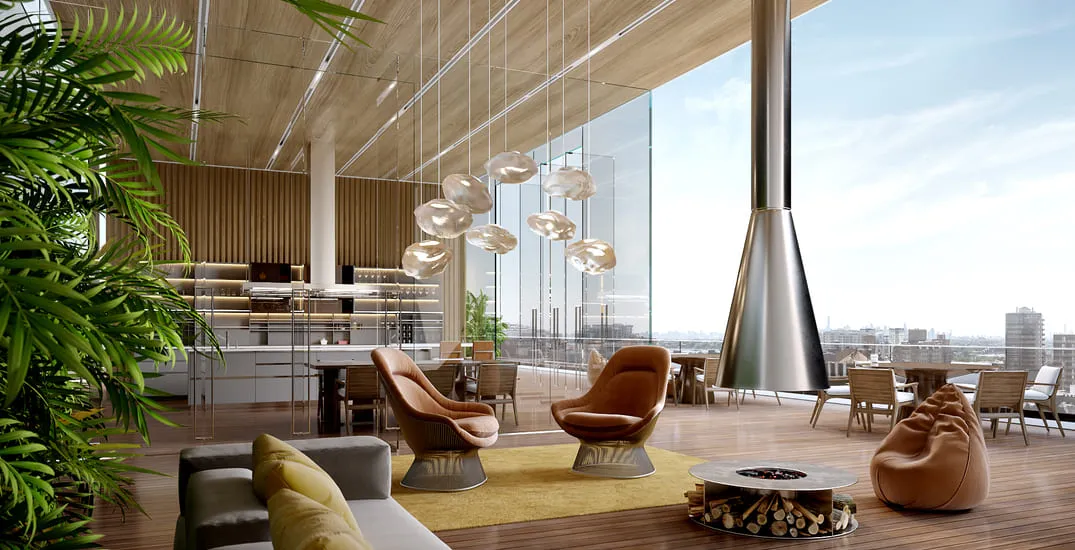 3D rendering of a luxurious hotel rooftop lounge in New York, featuring contemporary furniture, a fireplace, and floor-to-ceiling glass windows with sweeping city views.