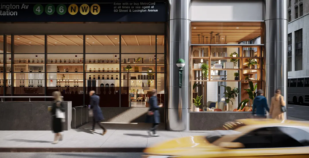 3D rendering of the exterior of a Capital One Café in New York, with large glass windows revealing the stylish interior and blurred pedestrians walking by.