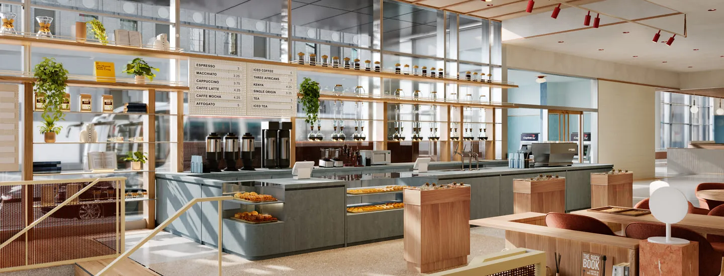 3D rendering of a sleek Capital One Café interior in New York, featuring a modern counter, coffee machines, and a vibrant, inviting seating area.