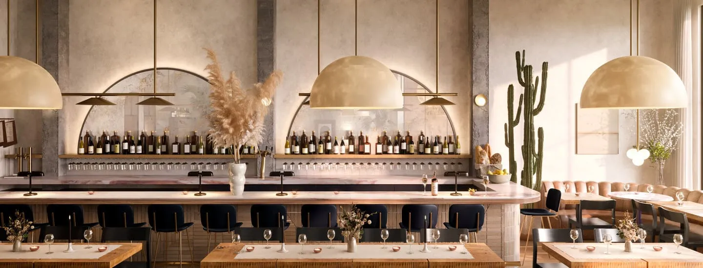 3D rendering of a stylish New York restaurant bar, featuring large pendant lights, warm lighting, and wine bottles lined up behind a modern counter.