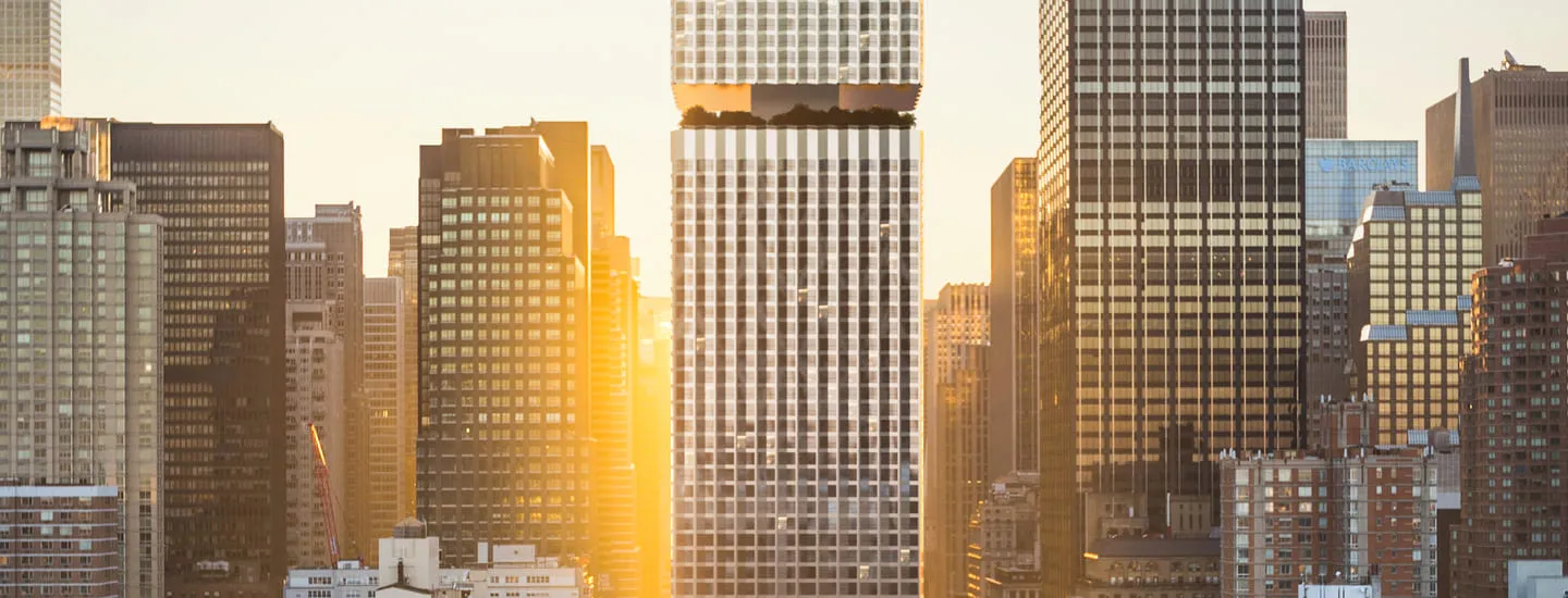 3D rendering of a New York cityscape at sunset, featuring a prominent modern skyscraper standing amidst a cluster of office buildings, with the golden light of the setting sun illuminating the skyline.