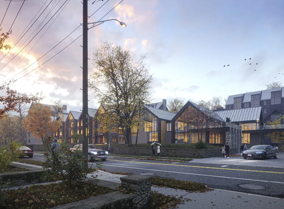 3D rendering of Chestnut Hill Apartments in Philadelphia during the day, with tree-lined streets and soft sunlight casting shadows on the contemporary-style residential buildings.
