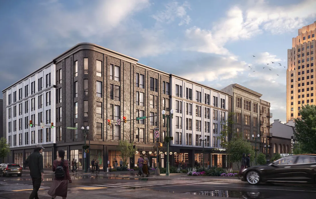 3D rendering of a modern, mid-rise apartment building in Philadelphia at the corner of a busy street intersection, with pedestrians and cars moving under a cloudy sky.