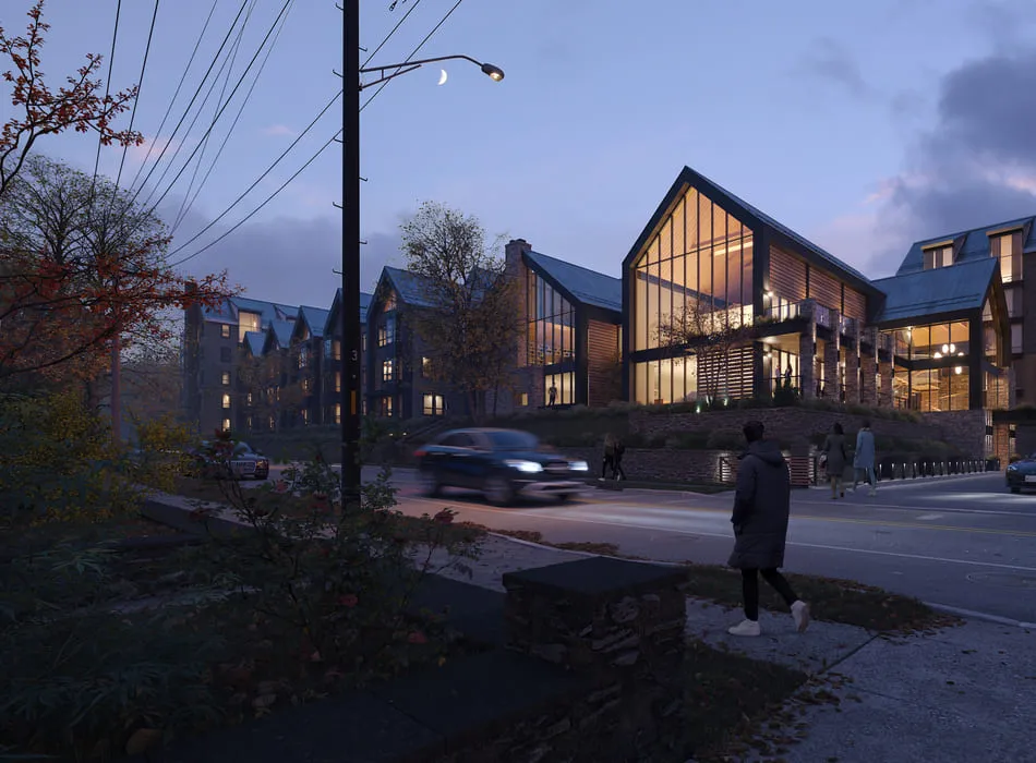 3D rendering of Chestnut Hill Apartments in Philadelphia at night, featuring large glass windows and warm interior lighting, with cars driving along a quiet street.