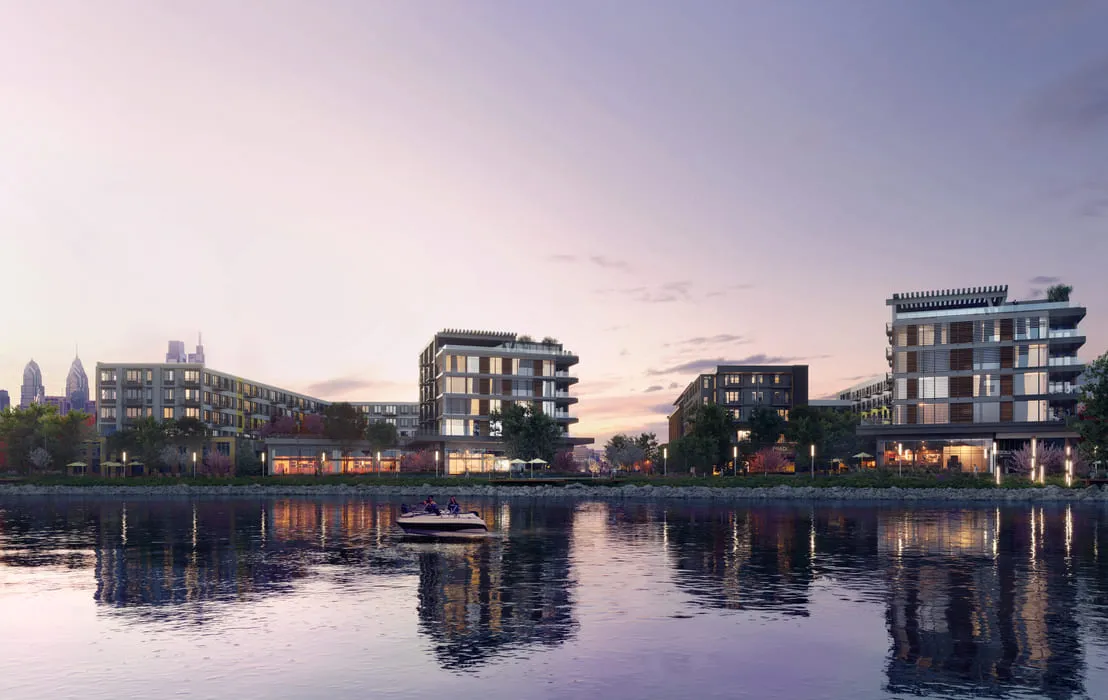3D rendering of a waterfront development at Festival Pier in Philadelphia, with modern residential buildings and a boat cruising on the river during sunset.