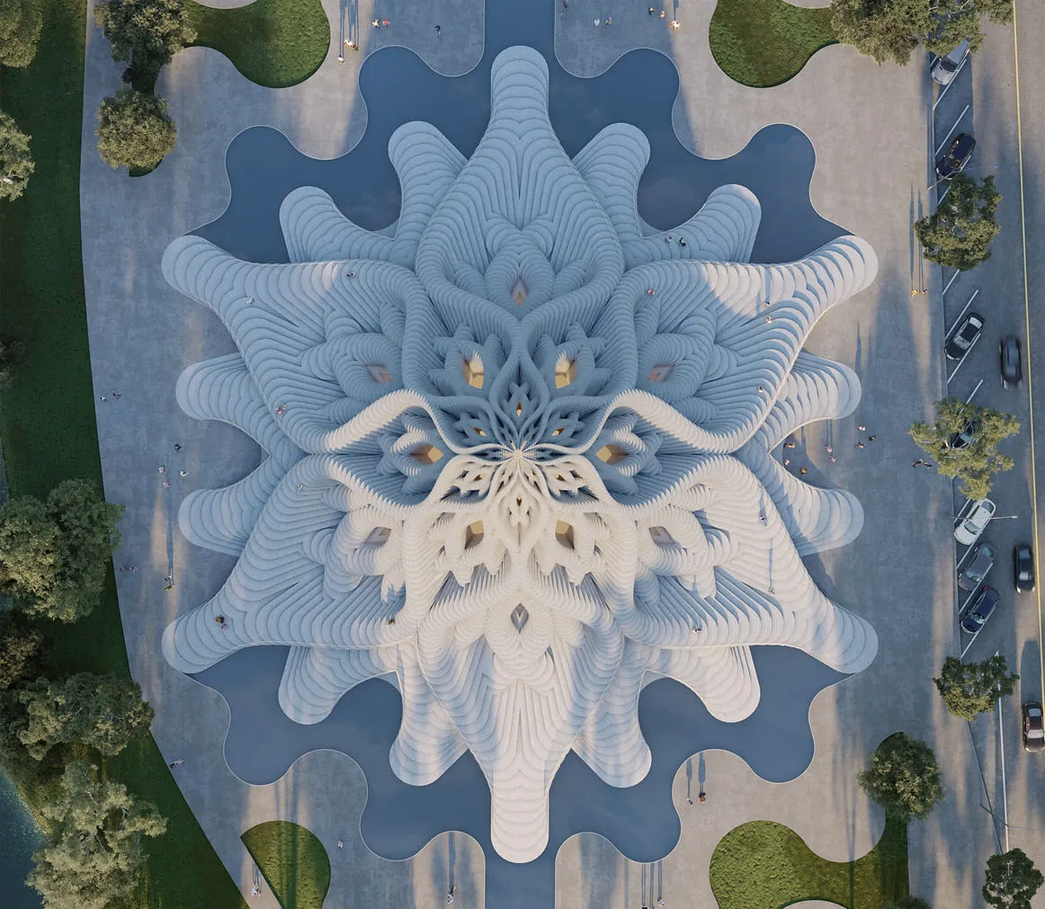 3D rendering of an abstract pavilion in San Francisco, viewed from above, showcasing intricate, organic patterns resembling a sculptural form with pathways surrounding it.