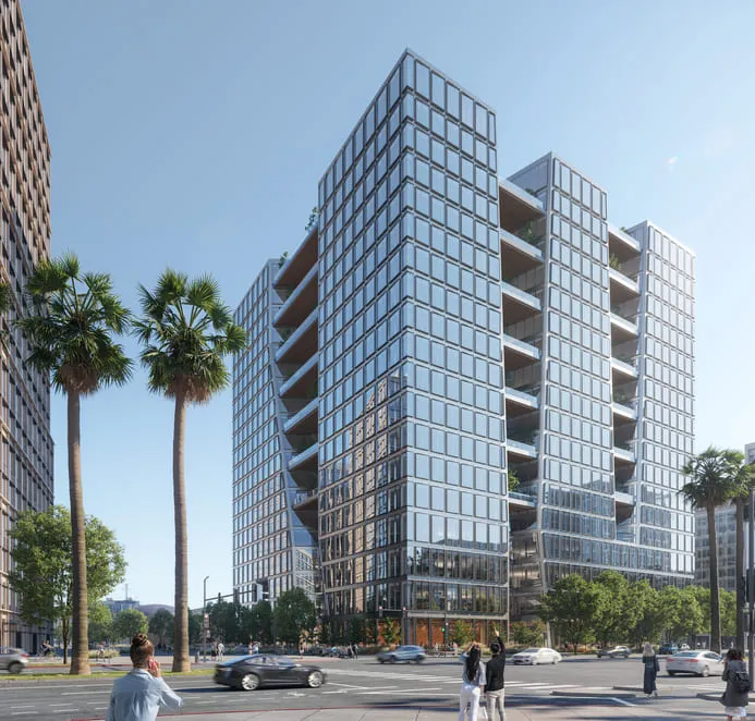 3D rendering of a modern glass office tower in downtown San Francisco, with large open terraces and lush greenery, palm trees, and pedestrians passing by on a sunny day.