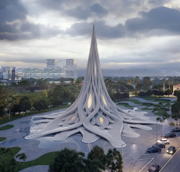3D rendering of a futuristic pavilion in San Francisco, featuring organic, flowing shapes and a towering central spire, set in a public park with city buildings in the distance.