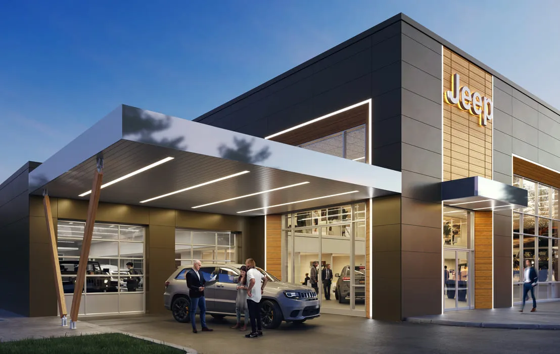 3D car rendering of a Jeep parked outside a modern dealership service area, where staff and customers interact under the building’s contemporary architecture.