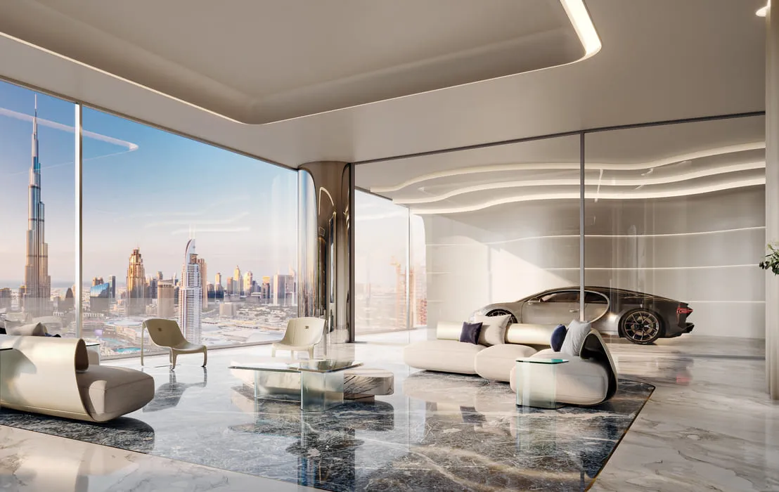 3D car rendering of a supercar displayed inside a luxury penthouse living room, with large windows offering a view of the city skyline.