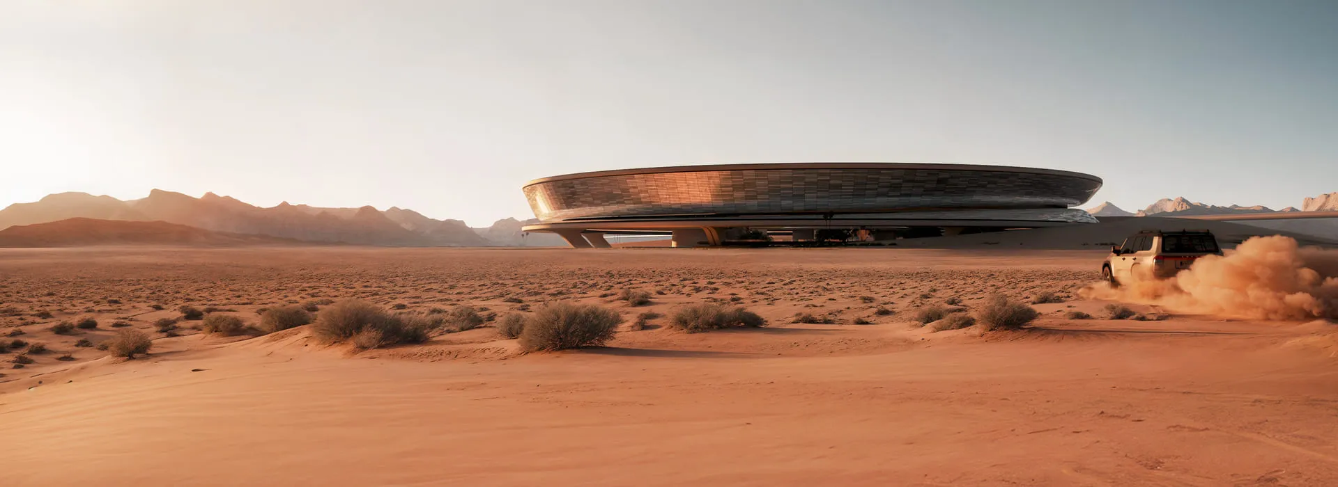 3D car rendering of an SUV driving through a desert landscape, with a futuristic circular arena in the background and mountains in the distance.