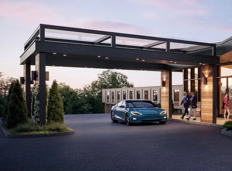 3D car rendering of a luxury electric car parked at the entrance of a modern hotel, with guests walking through the building’s entrance during evening hours.