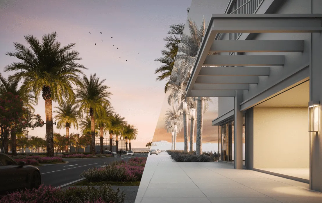 A 3D-modeled street in Dubai, lined with tall palm trees, with a focus on the wide pedestrian walkways and road. The scene captures the serene atmosphere with birds flying overhead at dawn or dusk.