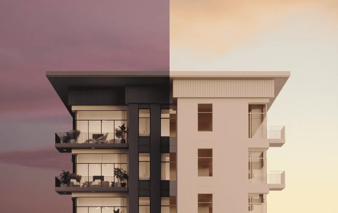A split-view of a 3D-modeled residential building in Dubai, showing two different lighting conditions, contrasting sunset on the left and daylight on the right. The building features wide balconies and large windows, emphasizing modern design.