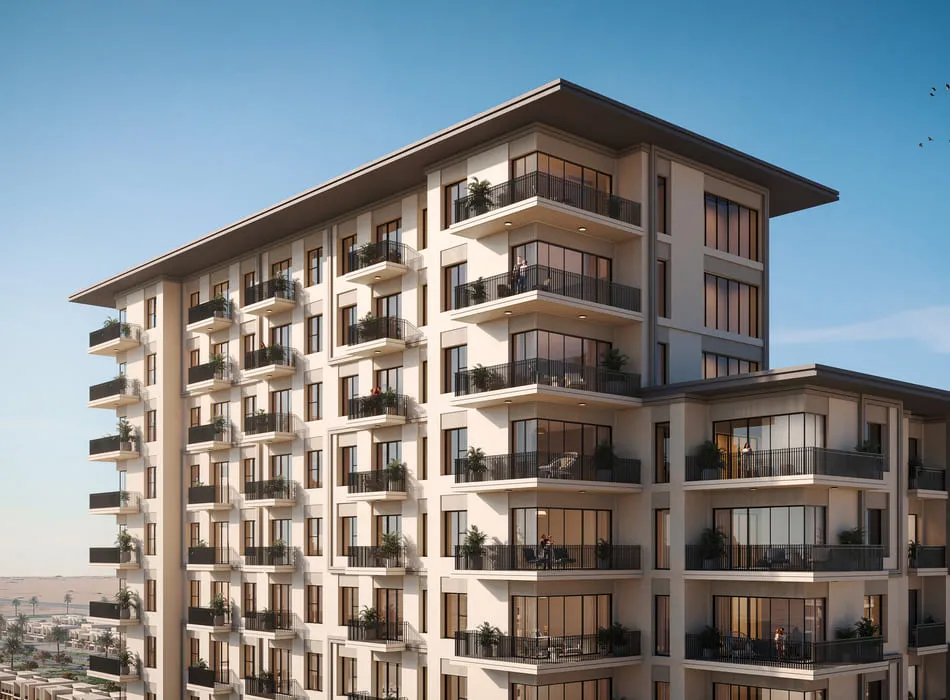 A 3D-modeled residential complex in Dubai, featuring multiple floors with expansive balconies. The clear blue sky contrasts with the structure, reflecting a typical daytime Dubai setting.