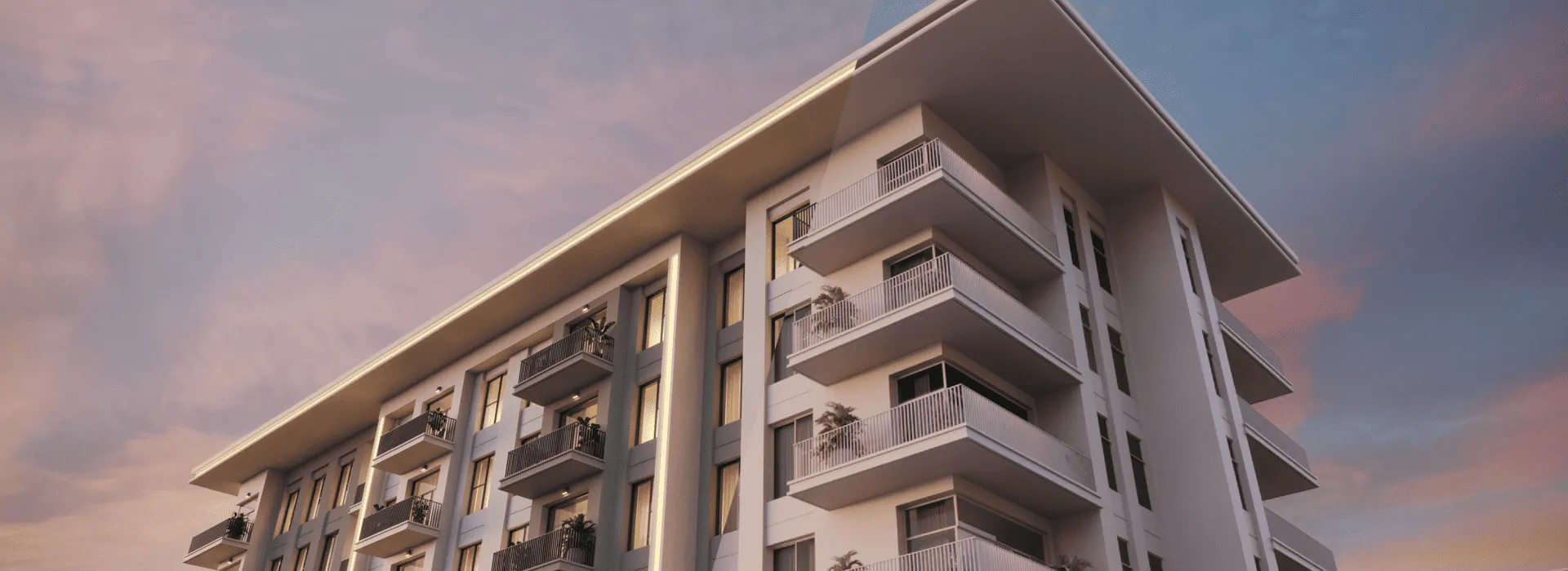 A 3D-modeled modern residential building in Dubai, showcasing balconies and sleek architectural lines against a backdrop of a soft sunset sky, highlighting a warm and sophisticated urban environment.