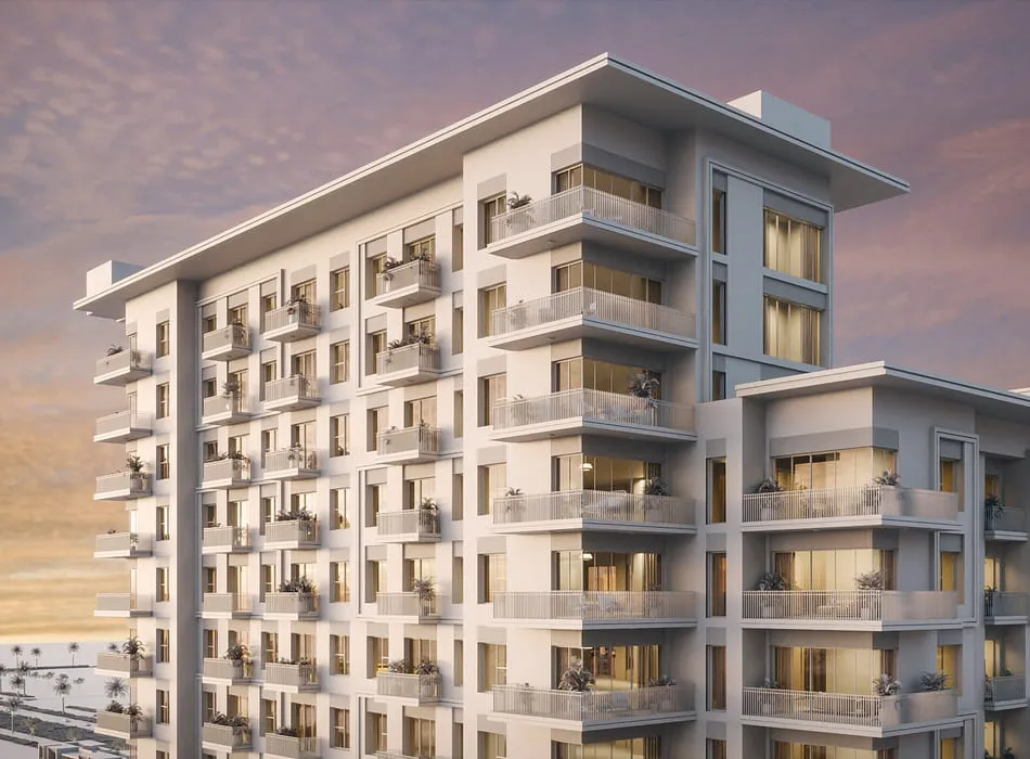 A 3D rendering of a high-rise building in Dubai, featuring a soft twilight sky. The building is detailed with balconies and floor-to-ceiling windows, illustrating a luxurious residential design.