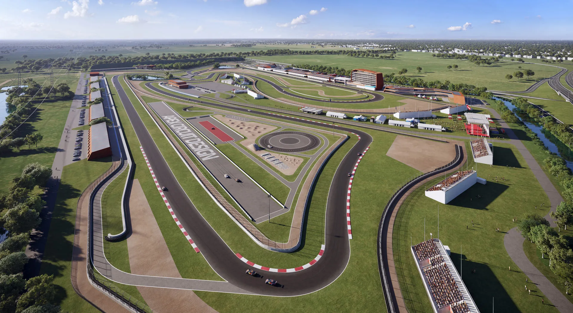 3D rendering of a Melbourne race track from a perspective view, showing a track layout with grandstands, chicanes, and surrounding open green spaces.