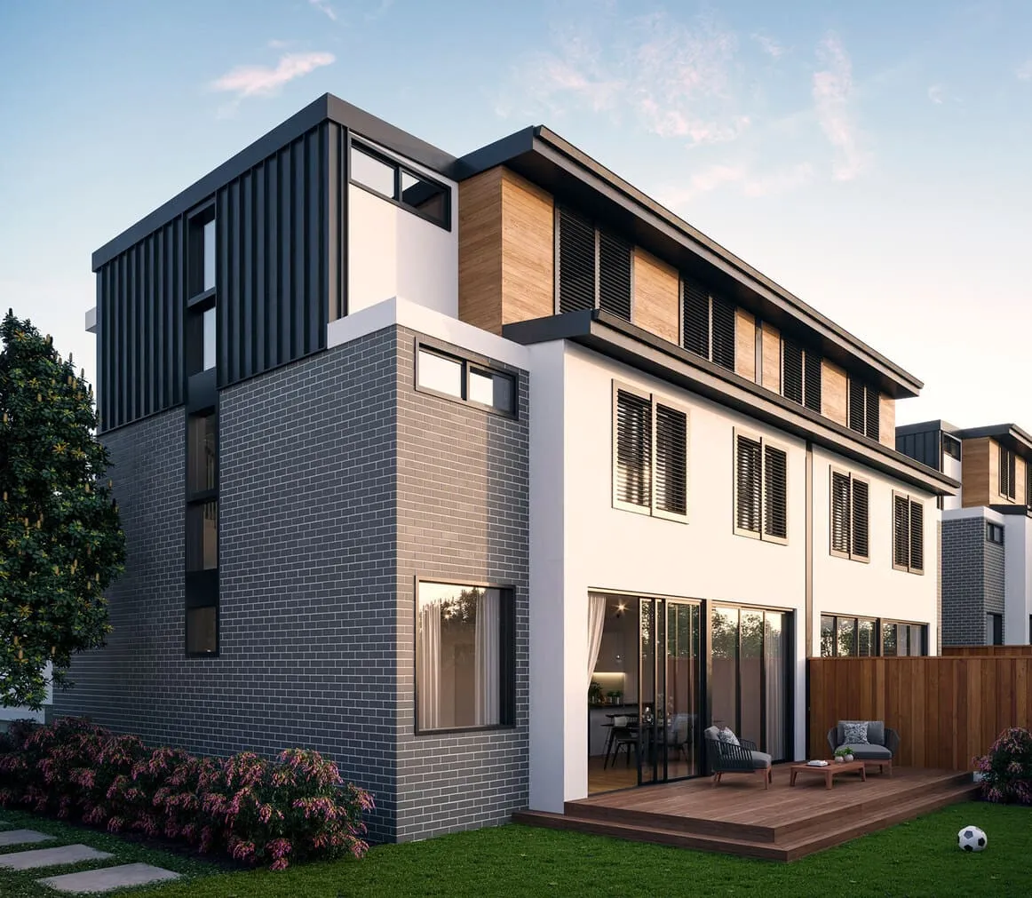 3D rendering of the back view of a Melbourne townhouse, with a contemporary mix of brick and metal accents, a private deck, and outdoor seating.