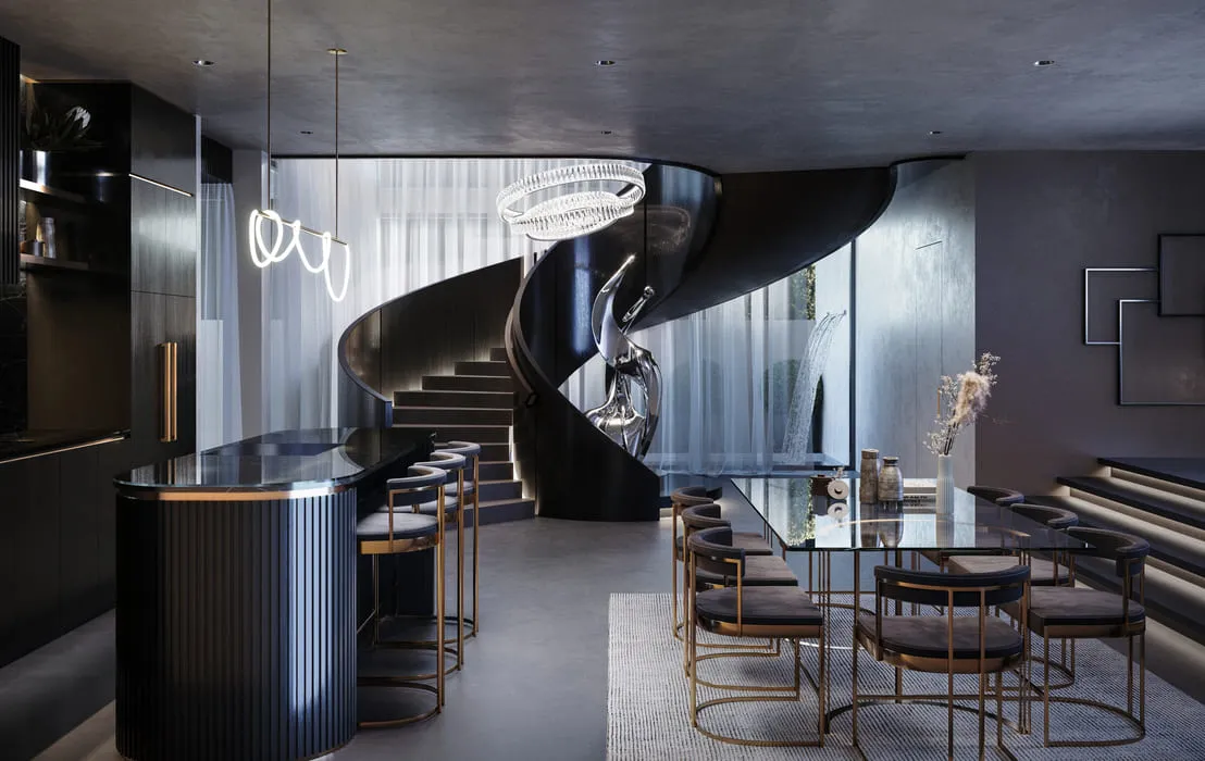 Architectural visualization Perth: Sleek black kitchen interior featuring a reflective, curved island, modern pendant lighting, and a prominent spiral staircase. Glass walls bring in natural light, highlighting the luxurious textures and sculptural art piece in the background.