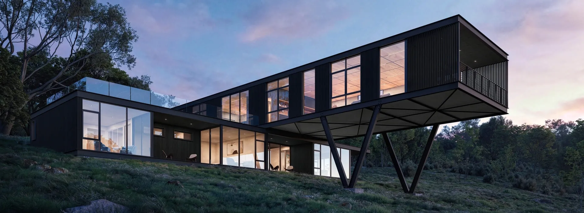 Architectural visualization Perth: A modern, elevated black-clad house at dusk with expansive windows and a cantilevered structure supported by angular metal beams. The residence is set on a sloping green hillside, blending with surrounding trees.