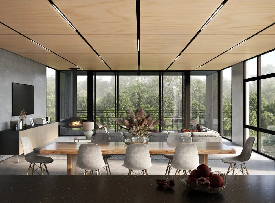 Architectural visualization Perth: Open-concept living and dining area with floor-to-ceiling windows, wooden ceiling panels, and a cozy fireplace. The space is surrounded by natural scenery, enhancing the organic design elements in the room.