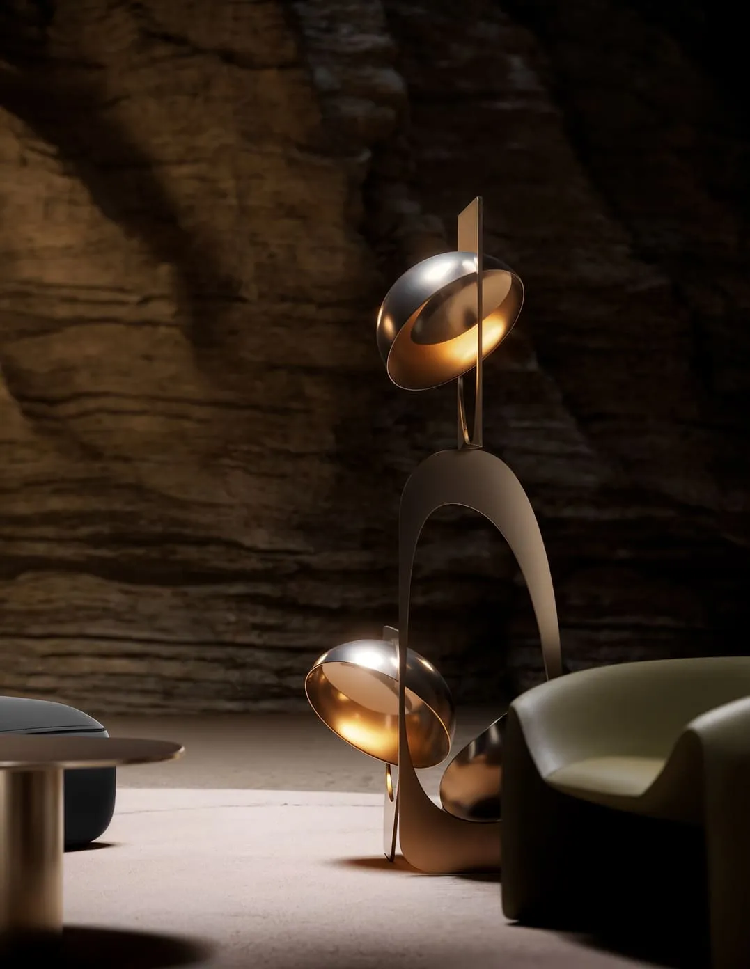 3D rendering for lighting - contemporary standing light with golden, geometric shapes, integrated in a textured natural setting with subdued tones.