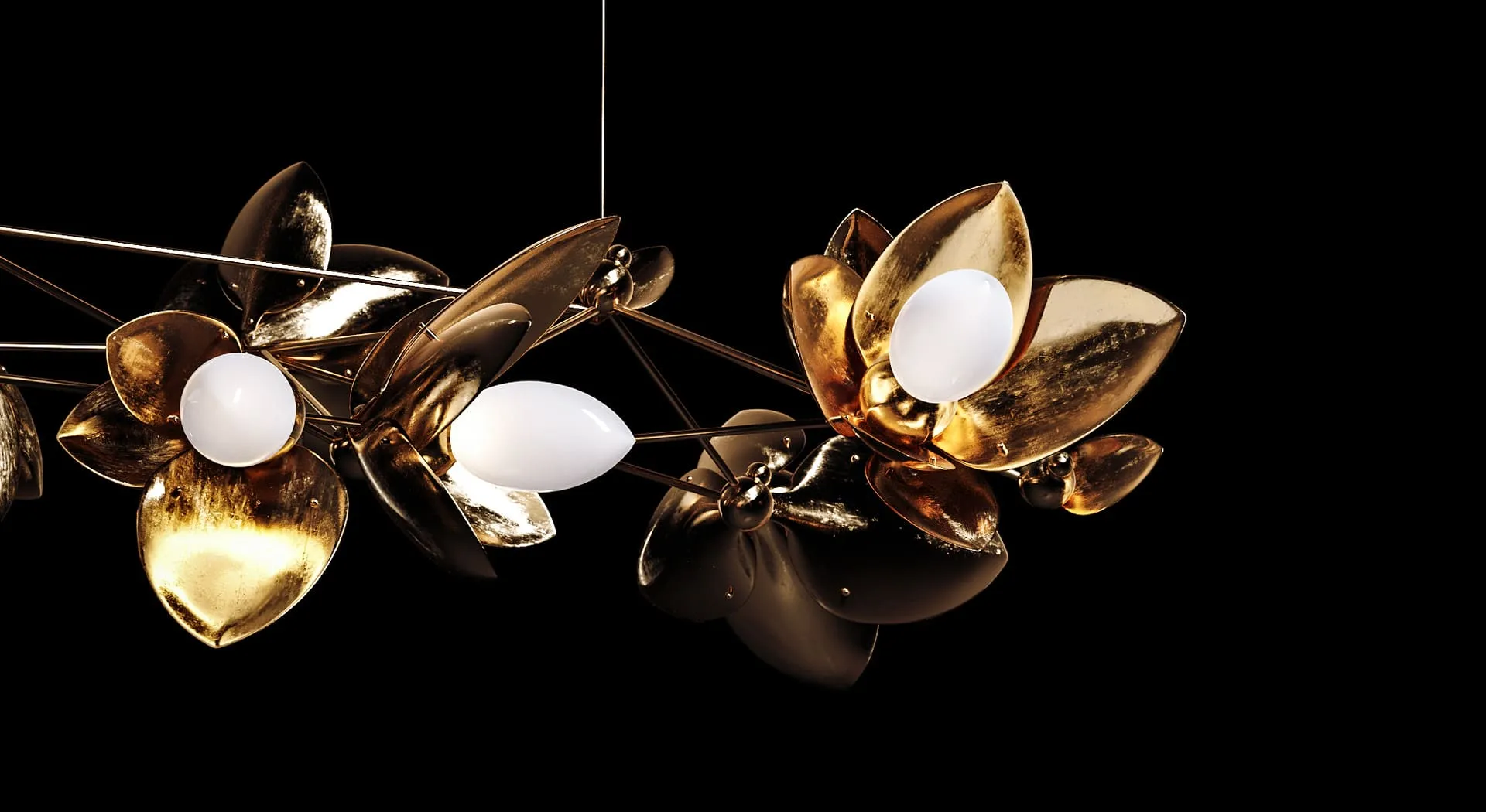 3D rendering for lighting - botanical-inspired chandelier with golden floral designs and glowing white orbs, set against a deep black background for striking contrast.