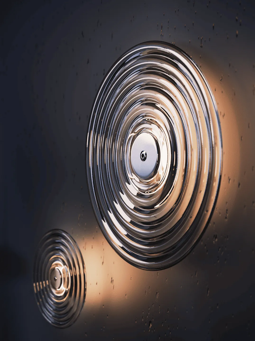 3D rendering for lighting - wall-mounted ripple-effect light fixtures with reflective surfaces creating dynamic lighting and texture against a dark backdrop.