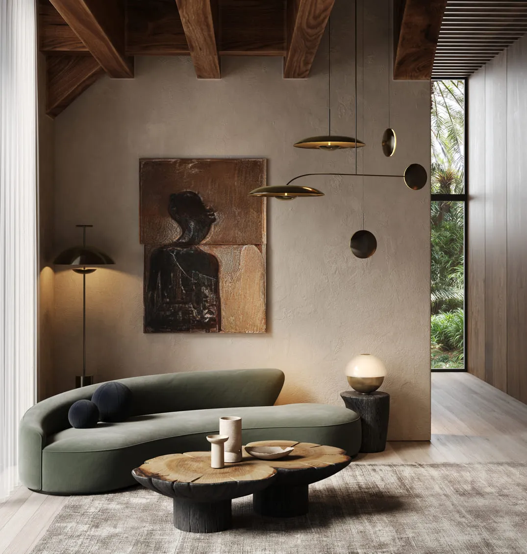 3D rendering for lighting - modern living room interior with suspended gold-toned lights, natural textures, and soft ambient lighting, accentuating architectural beams and cozy furniture.