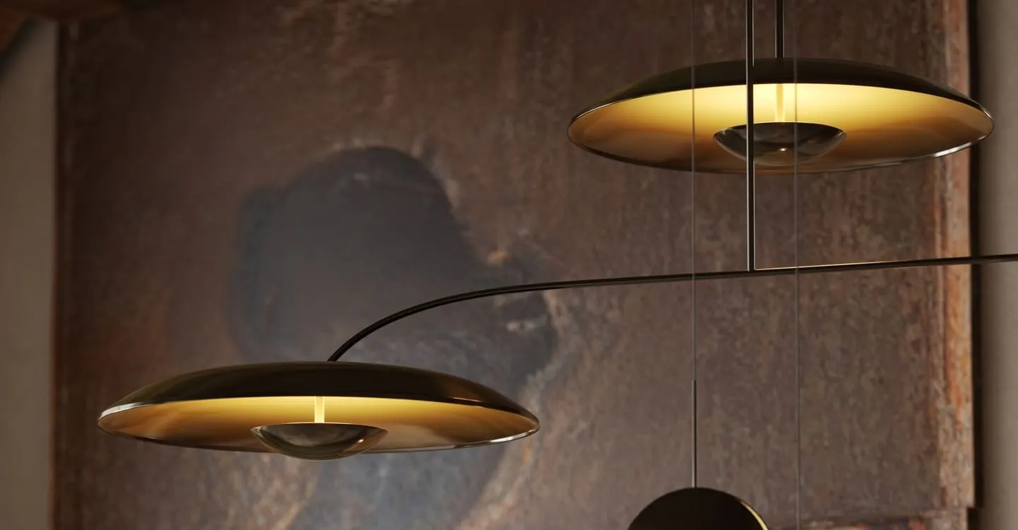 3D rendering for lighting - closeup of modern pendant light fixture with golden tones, emphasizing smooth curves and ambient illumination.