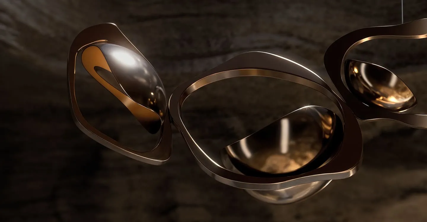 3D rendering for lighting - abstract chandelier design with flowing metallic forms and gold accents, creating dynamic reflections in a dimly lit environment.