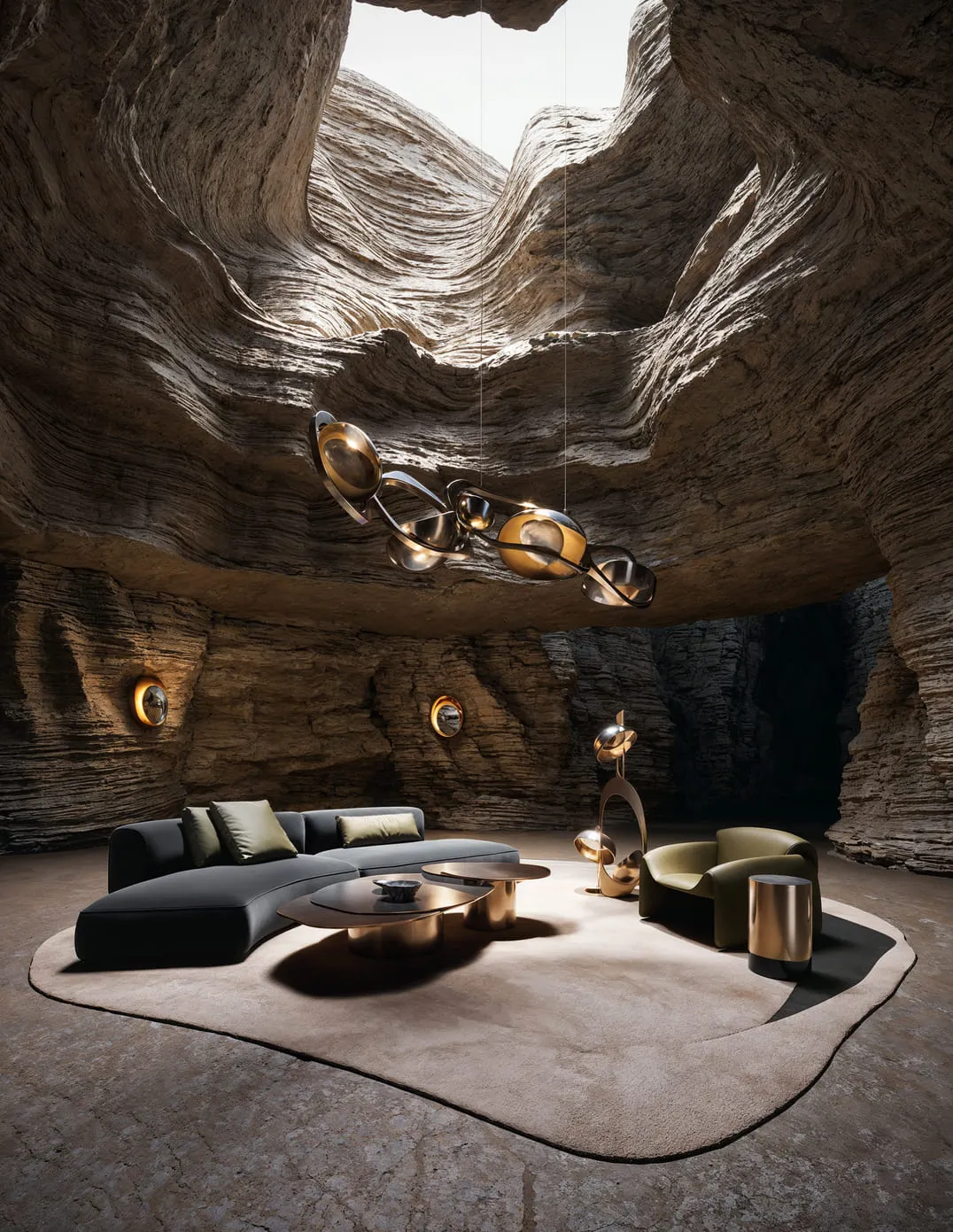 3D rendering for lighting - cavern-inspired interior with dramatic lighting from sculptural metallic chandeliers, blending modern and organic aesthetics.