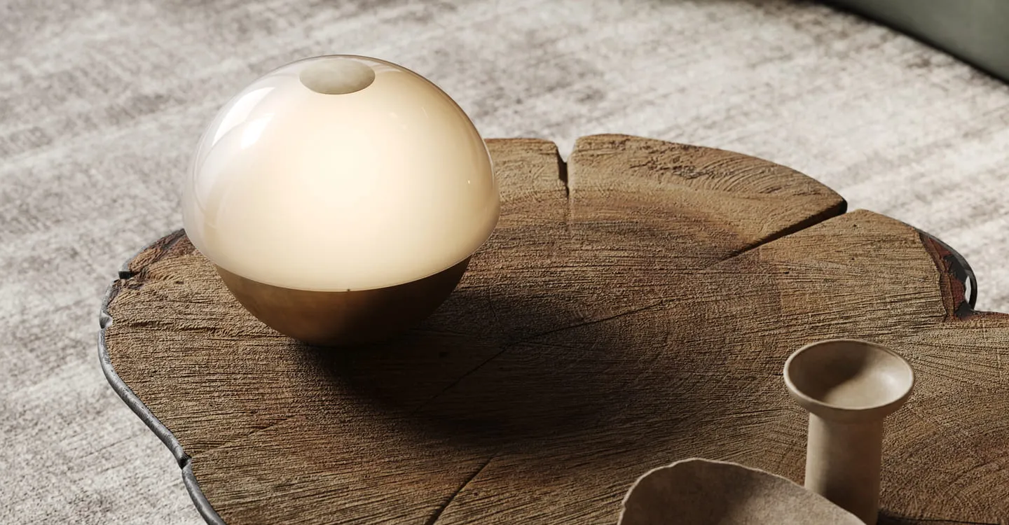 3D rendering for lighting - closeup of a table lamp with a spherical glass design on a rustic wooden table, highlighting the warm and soft glow.