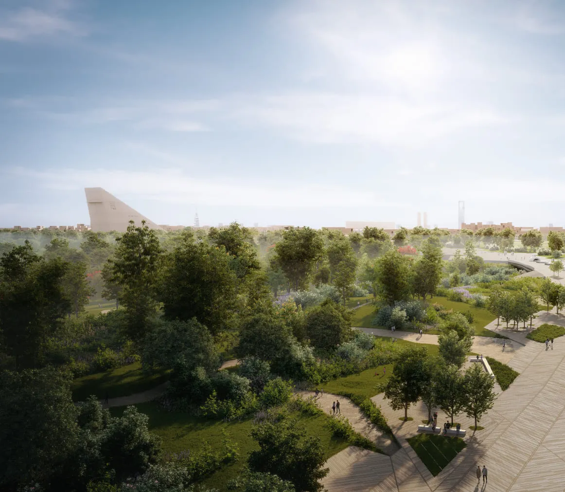 A serene 3D rendering of an urban landscape with expansive greenery, walking paths, and a distant view of architectural landmarks, blending natural and modern urban elements.