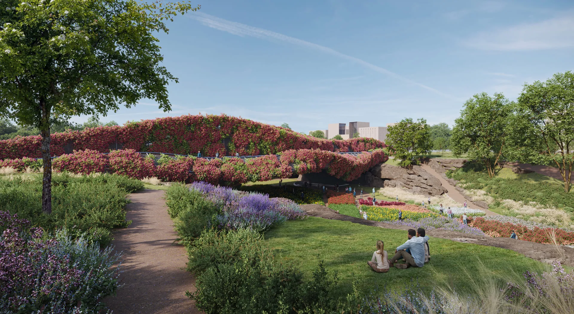 A vibrant 3D rendering of a park landscape featuring pathways, grassy areas, and a building covered in flowering plants, surrounded by blooming gardens and families enjoying the serene environment.