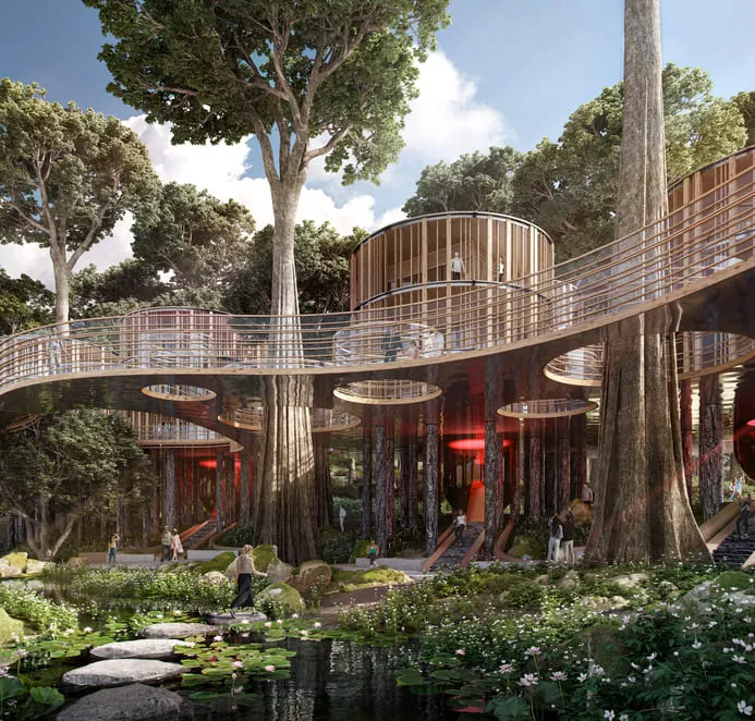 A detailed 3D rendering of a unique architectural guesthouse design elevated among trees, featuring circular structures connected by elevated pathways and surrounded by lush vegetation.