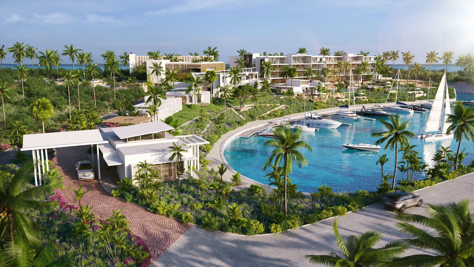 A tropical landscape 3D rendering featuring modern coastal architecture surrounded by lush greenery and palm trees, overlooking a marina with yachts and sailboats docked in vibrant turquoise waters.