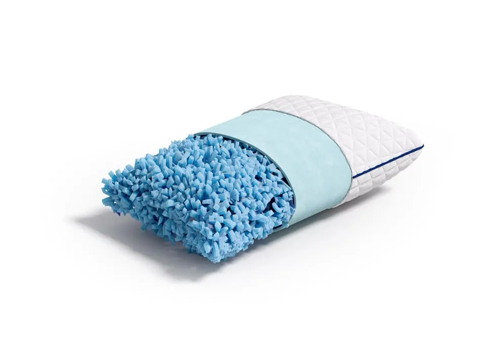 Product 3D visualization for e-commerce presenting a bamboo gel pillow with blue shredded foam spilling out to demonstrate adjustable comfort properties.