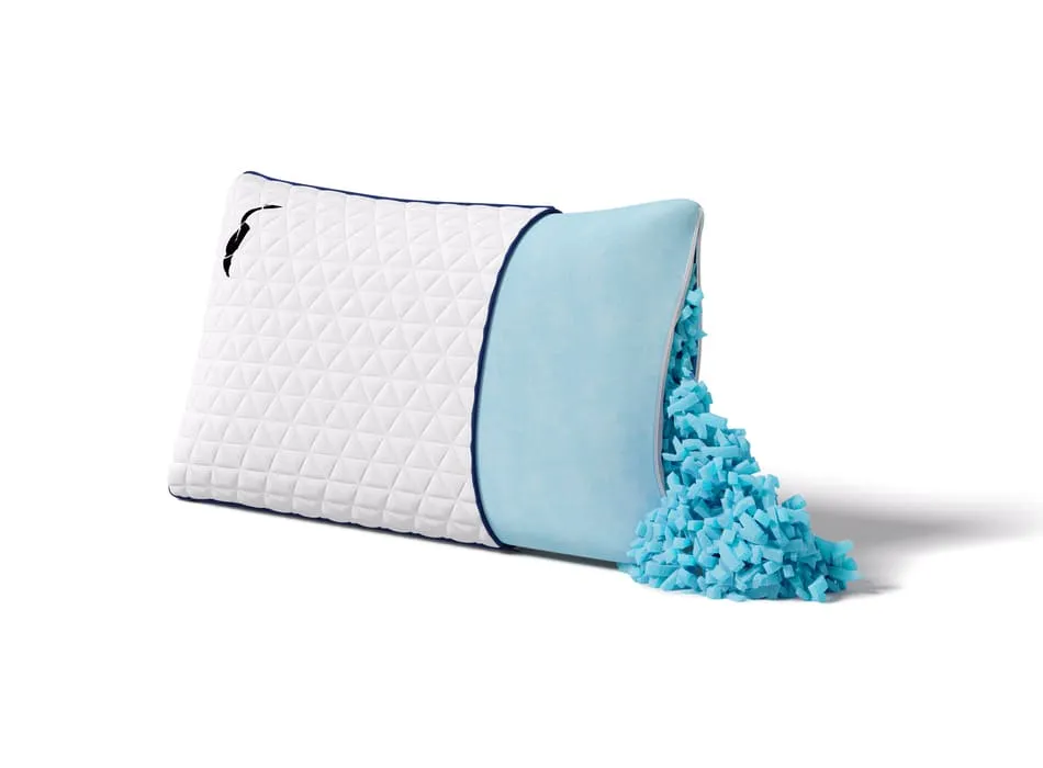Product 3D visualization for e-commerce featuring a bamboo gel pillow with a visible cutaway showing shredded blue foam filling for ergonomic support.