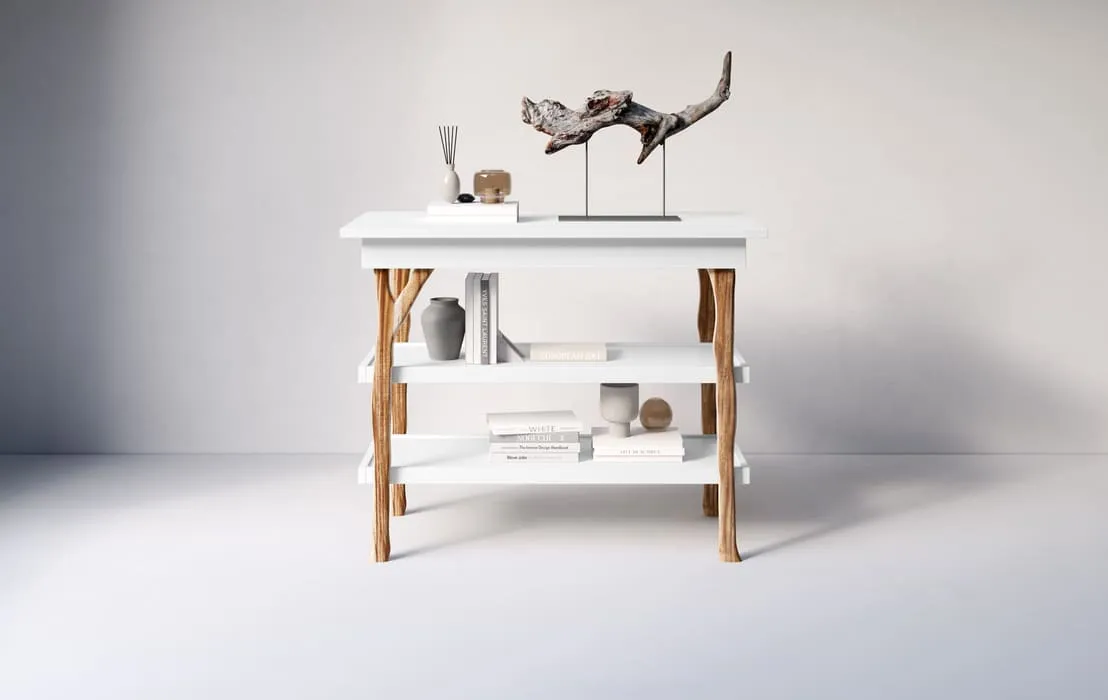 Product 3D visualization for e-commerce displaying a white open-shelf changer with wooden branch-style supports, decorated with books, ceramics, and a driftwood sculpture.