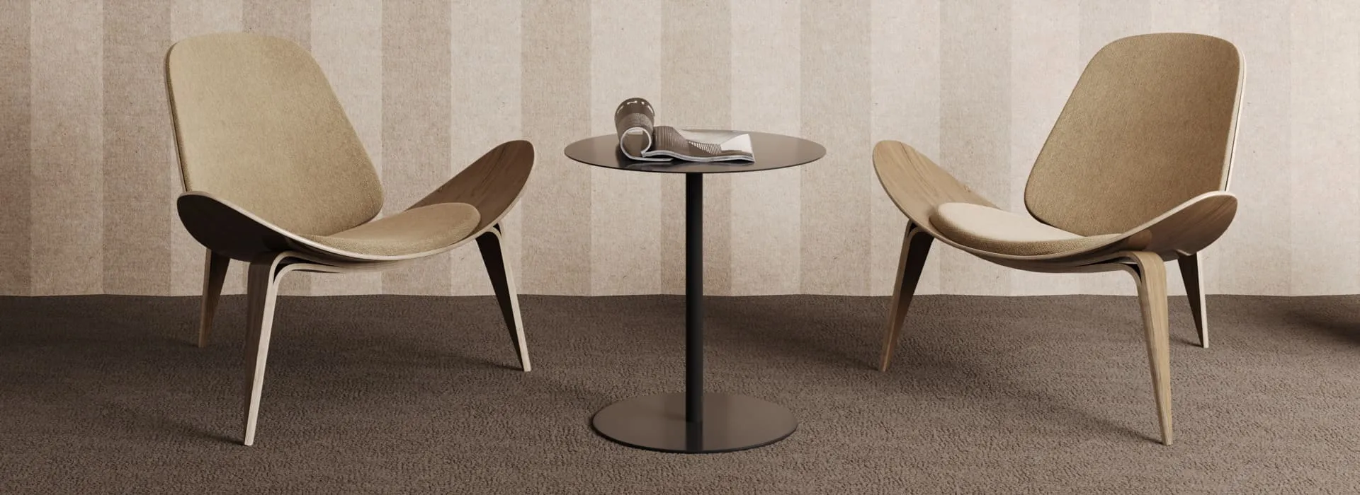 Product 3D visualization for e-commerce showcasing a modern lounge setup featuring two minimalist wooden lounge chairs and a round accent table with a rolled-up magazine.