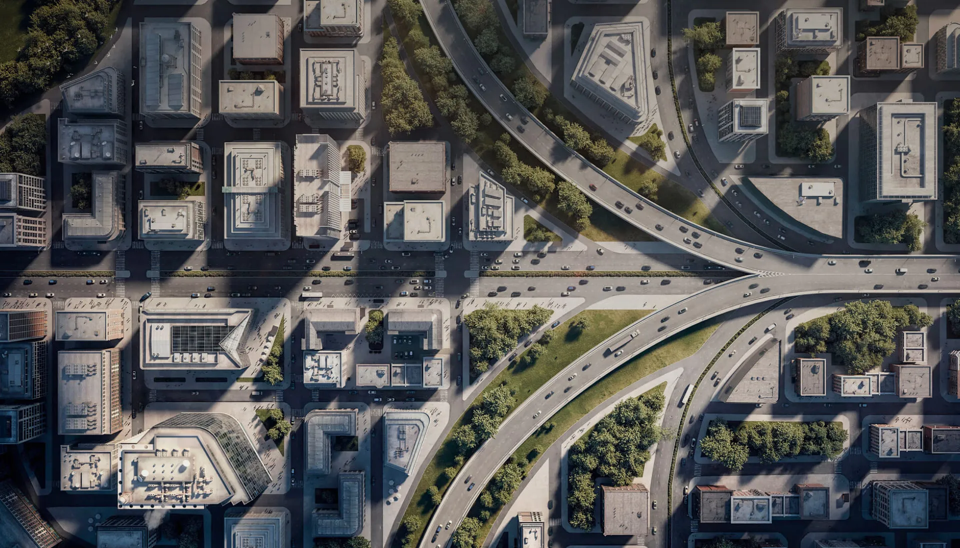 An urban site plan 3D rendering highlighting a complex grid of streets, buildings, and highways, viewed from above.