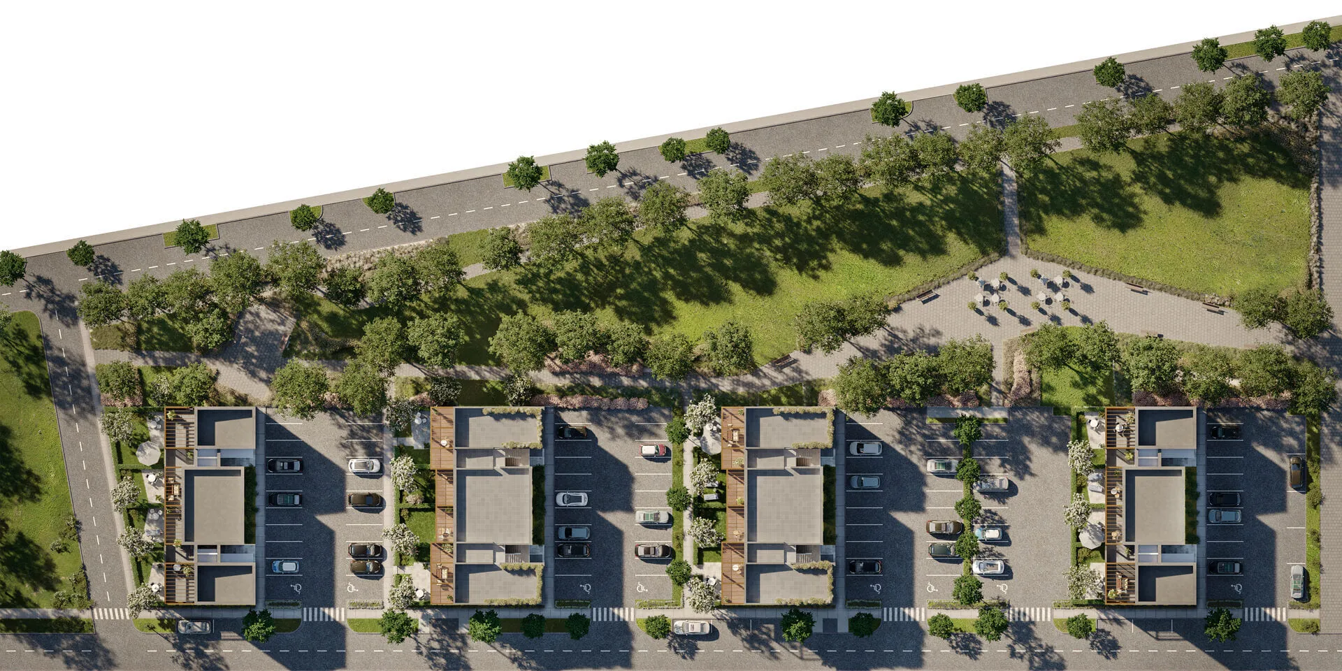 A detailed 3D rendering of a site plan showcasing a top-down view of modern residential buildings surrounded by greenery and pathways.
