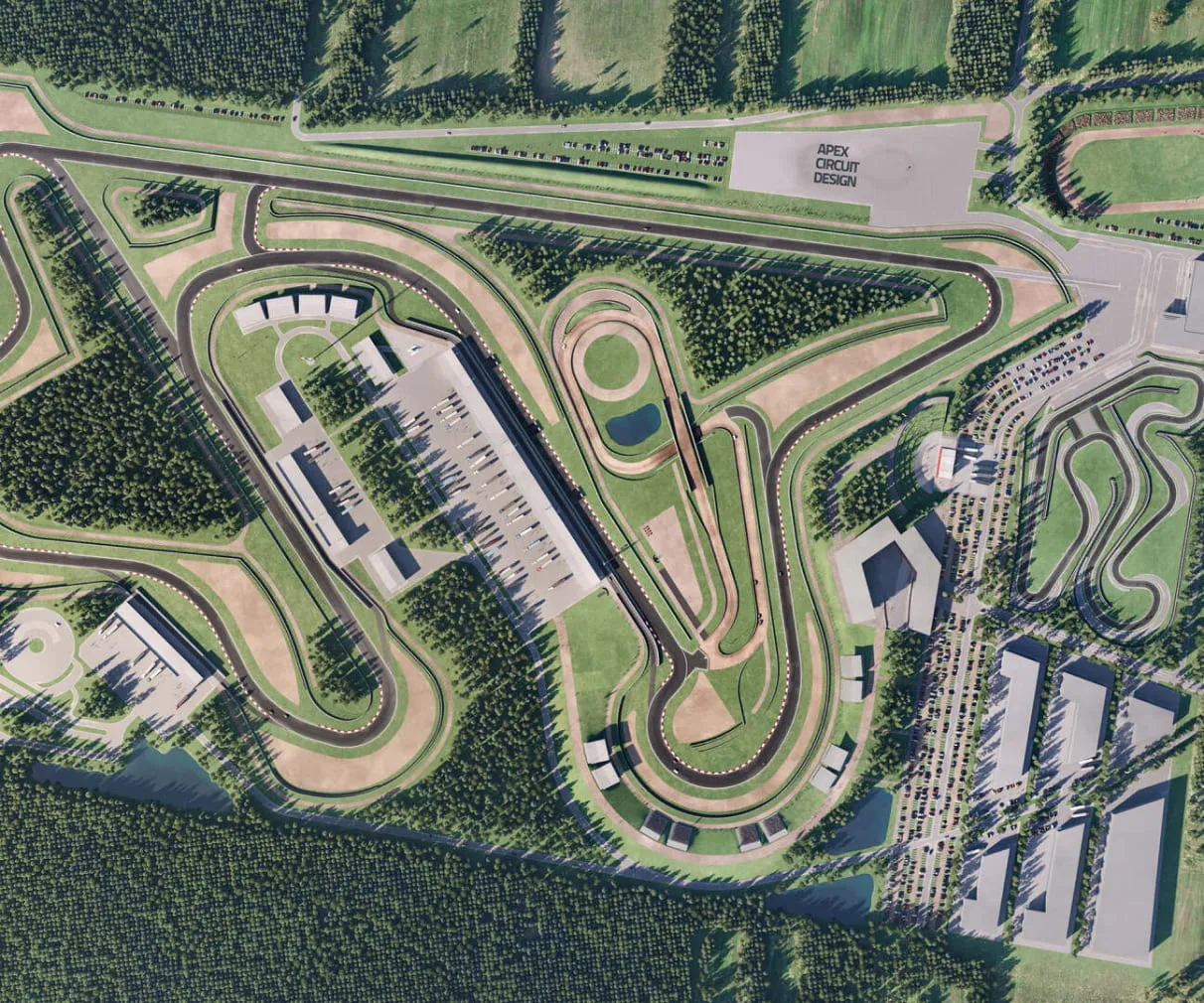 A 3D aerial rendering of a motor racing circuit with track layouts, surrounding facilities, and lush green landscape.