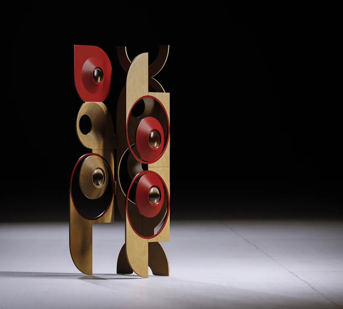 he finished version of the sculptural cabinet in wood and red accents — rendered by Product 3D Modeling Services to represent material realism and artistic design.