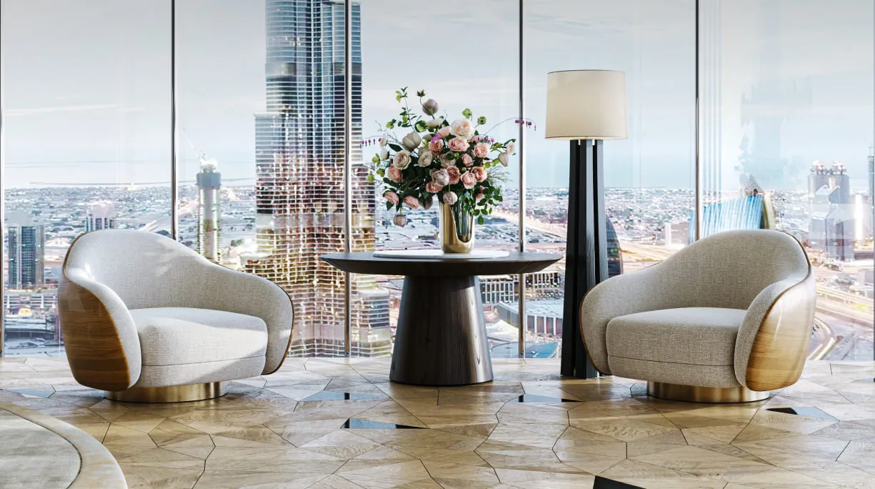 A striking 3D rendering of an abstract metallic pendant light with reflective surfaces, elegantly set against a textured stone backdrop, showcasing intricate design details.