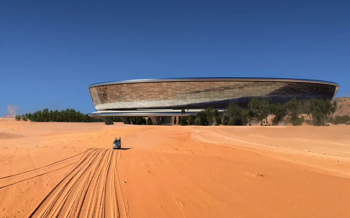 Architectural 3D visualization of a circular building in a desert with a reflective facade and mountain backdrop.
