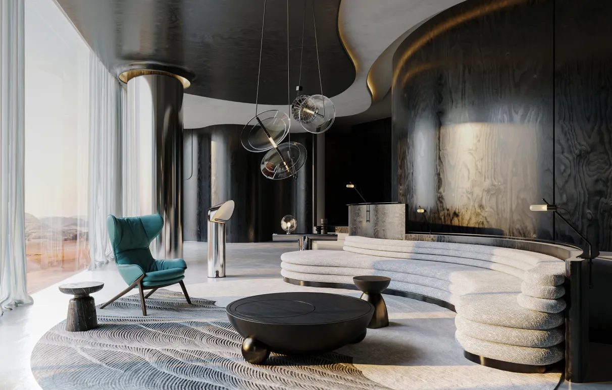 A minimalistic 3D rendering of a room with a central wooden fire bowl, lounge chairs, and natural light through curtains.