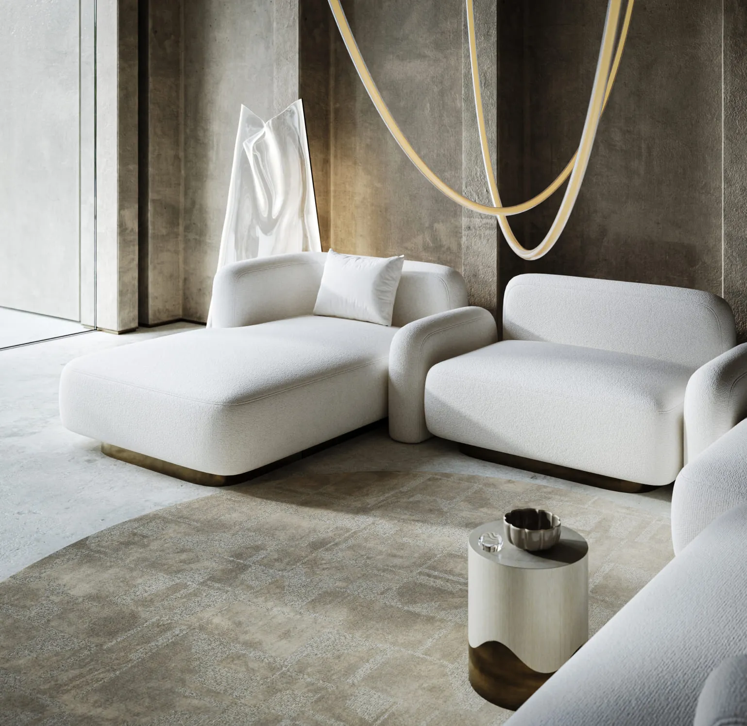 A 3D interior visualization of a modern, luxurious living room featuring a white sectional sofa, marble flooring, large floor-to-ceiling windows, and a minimalist wall art sketch of a car.